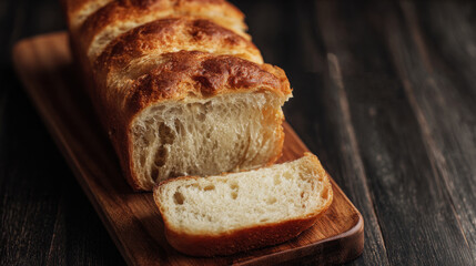 Sliced bread on a dark wooden board with a knife and cloth, ideal for rustic food blogs or bakery menus, or food packaging designs.