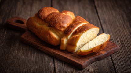 Sliced bread on a dark wooden board with a knife and cloth, ideal for rustic food blogs or bakery menus, or food packaging designs.