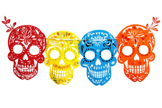 Colorful papel picado decorations showcasing skull designs for Day of the Dead celebration in vibrant hues at a festive setting