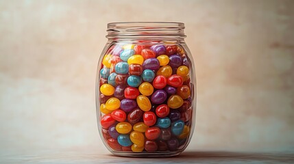 Transparent glass jar filled with colorful shiny jelly beans in various vibrant colors on a soft neutral background