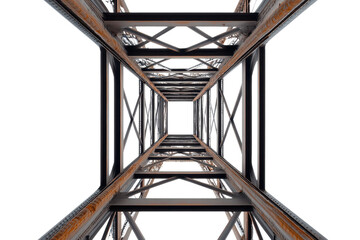 Obraz premium Steel tower construction viewed from the base highlighting structural design on a white backdrop in high resolution