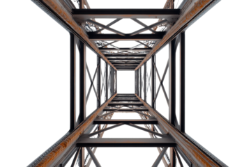 Steel tower construction viewed from the base highlighting structural design on a white backdrop in high resolution
