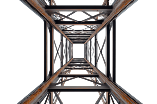 Steel tower construction viewed from the base highlighting structural design on a white backdrop in high resolution