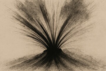 Obraz premium Japandi abstract ink painting of volcanic eruption, dynamic brush strokes radiating upward with expressive energy