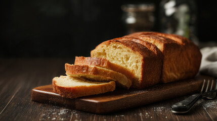Sliced bread on a dark wooden board with a knife and cloth, ideal for rustic food blogs or bakery menus, or food packaging designs.