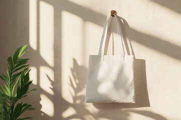 White tote bag hangs on wall with plant and sunlight shadows.