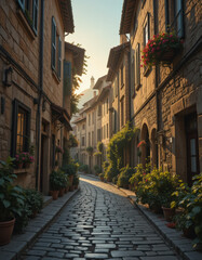 Fototapeta premium Charming cobblestone alleyway winding through a historic European village during a golden sunset