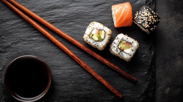 Overhead view of sushi rolls with sesame seeds on dark slate alongside chopsticks
