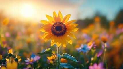 Fototapeta premium Bright yellow sunflower in full bloom standing tall in a vibrant field of various colorful flowers during a sunny day