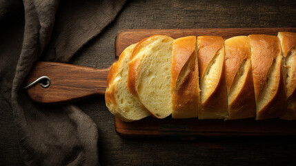 Sliced bread on a dark wooden board with a knife and cloth, ideal for rustic food blogs or bakery menus, or food packaging designs.