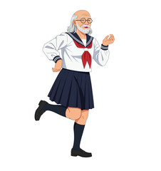 Funny Elderly Man with a Beard in a Japanese Schoolgirl Uniform