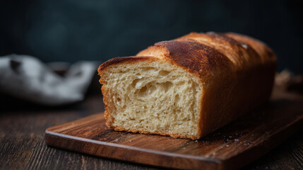 Sliced bread on a dark wooden board with a knife and cloth, ideal for rustic food blogs or bakery menus, or food packaging designs.