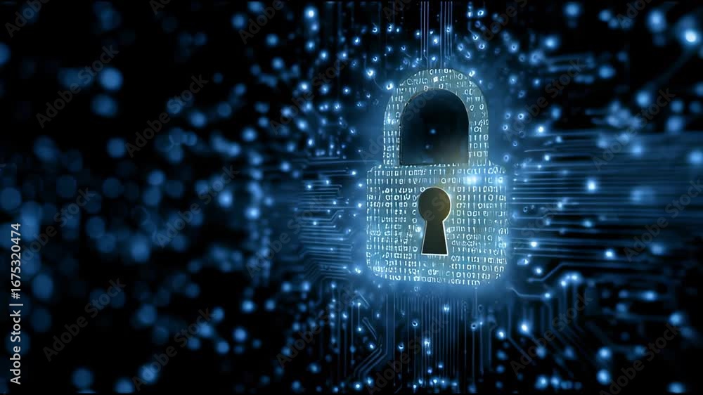 Aufkleber digital padlock with glowing blue circuit lines and binary code symbolizes cyber security, data prot
