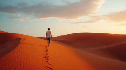 Person walking alone on vast orange sand dunes under a pastel sunset sky with scattered clouds, leaving footprints behind in the desert