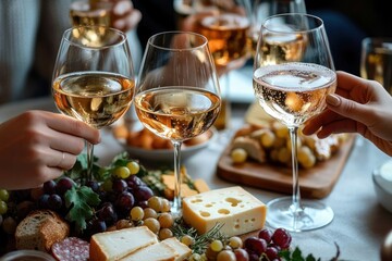 Group of people clinking glasses of white and rosé wine over a table with assorted cheeses, grapes, bread, and charcuterie in a warm social gathering