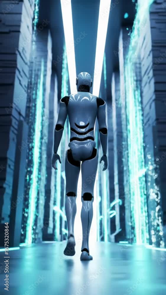 Poster sleek, minimalist ai robot walks purposefully through a vast abstract data corridor with towering pi