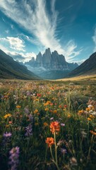 a cinematic photo of a vibrant valley filled with colorful wildflowers swaying gently in the breeze