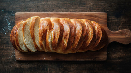 Sliced bread on a dark wooden board with a knife and cloth, ideal for rustic food blogs or bakery menus, or food packaging designs.