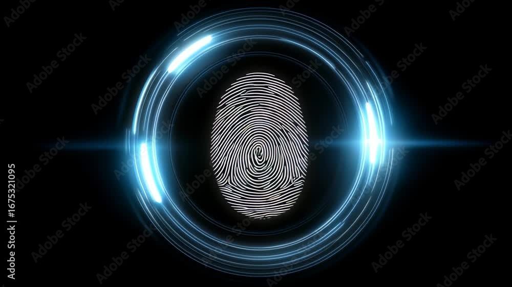 Aufkleber abstract fingerprint biometric scan icon with glowing digital security, futuristic blue circular int