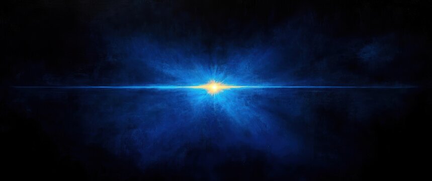 Bright yellow light emitting radiant beams across a dark blue textured background creating a mystical and cosmic atmosphere