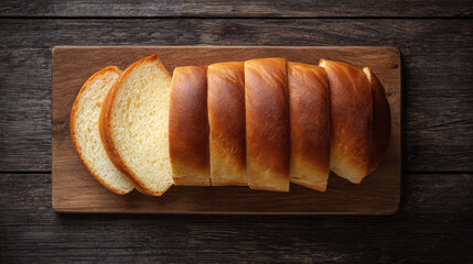 Sliced bread on a dark wooden board with a knife and cloth, ideal for rustic food blogs or bakery menus, or food packaging designs.