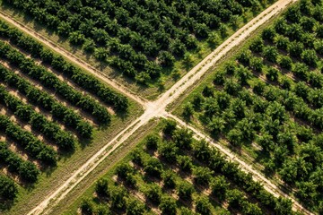 Aerial view showcasing vibrant Florida farmlands with structured rows and intersecting dirt paths during bright daylight