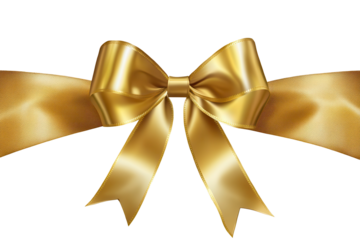 Elegant gold ribbon bow with flowing tails on transparent background for creative projects and festive occasions