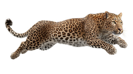 A leopard is running across a white background