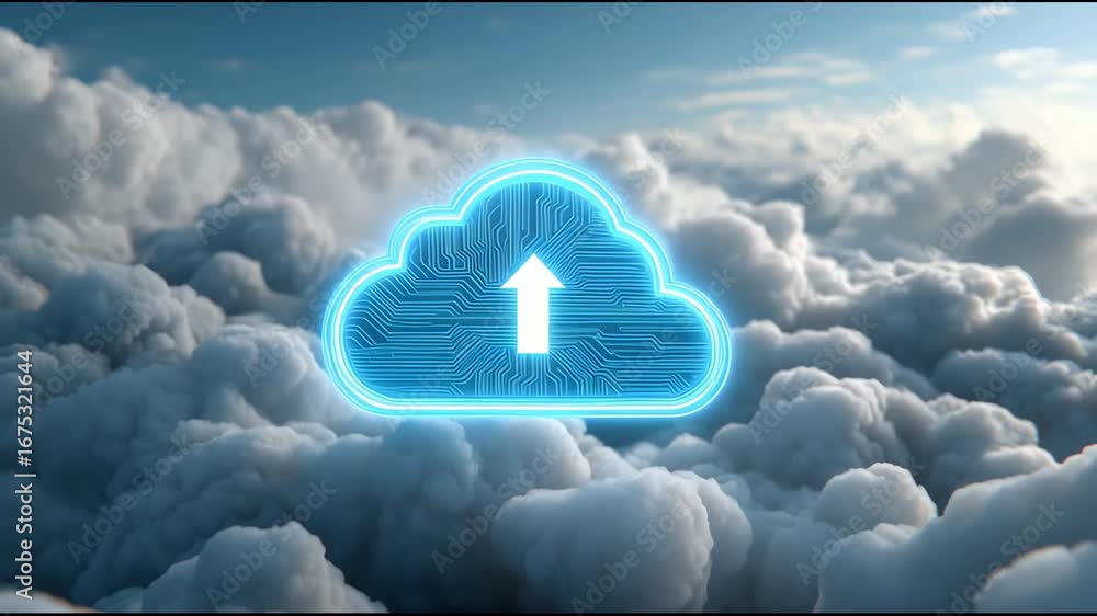 Aufkleber glowing blue cloud upload icon with digital circuit lines floating above fluffy clouds, symbolizing 
