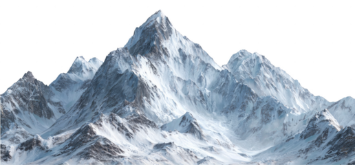 The mountain is covered in snow and has a rocky peak