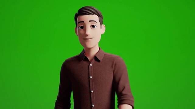 A simple and clean 3D animated male avatar in a brown shirt, presented on a green screen background. Great for presentations, explainer videos, or corporate animations.