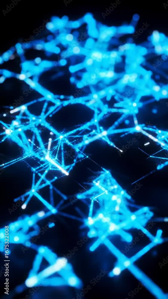 Poster mesmerizing, abstract high-tech digital network video. electric blue, cyan data nodes emerge from a 