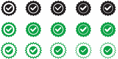 Collection of green and black checkmark badges and award seals with a starburst shape and white background