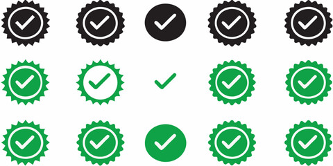 Collection of checkmark icons and badges in black and green for approval and verification