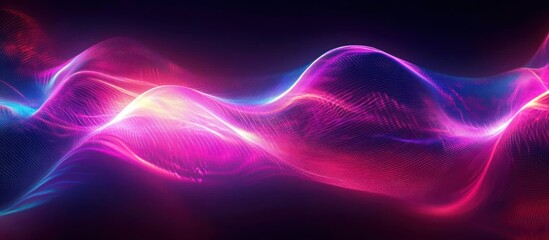 Vibrant flowing neon waves in purple, pink, and blue hues creating a dynamic and futuristic digital light effect on a dark background
