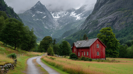 Obraz premium Scandinavian red cottage in a mountain valley, building, photo style