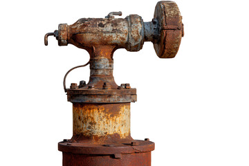 Old rusty water pump isolated on transparent background with a low-resolution gigapixel view showcasing weathered textures and metallic decay