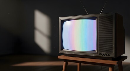 Retro Vintage Television with Rainbow Static Screen in Dark Room
