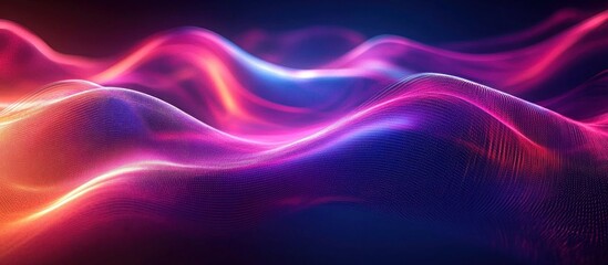 Obraz premium Abstract digital wave landscape with flowing, glowing mesh in vibrant pink, purple, and orange hues creating a futuristic and dynamic visual effect