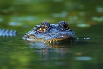Fototapeta premium Close-up of a crocodile partially submerged in green water with focused eyes and textured skin