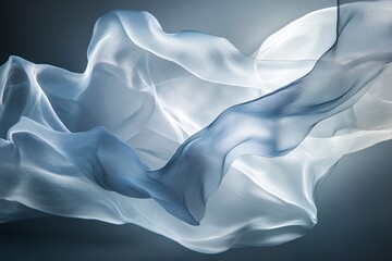 Fototapeta premium Abstract flowing fabric in shades of white and blue against a dark background.