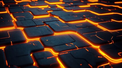 Abstract futuristic surface with glowing orange lines between black geometric panels creating a high-tech, digital and illuminated pattern