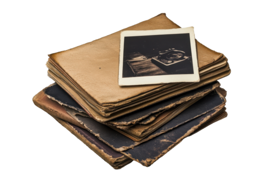 Stacked aged pages and old instant photo isolated on white background with visible wear and tear, representing nostalgia and memories captured over time in unique detail