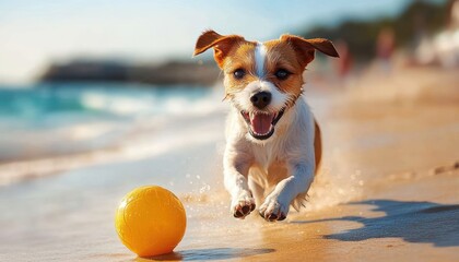 joyful small brown and white dog running on sandy beach chasing bright yellow ball on sunny day