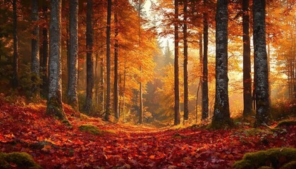 Fototapeta premium A serene forest path covered with red and orange fallen leaves under tall trees with bright autumn foliage glowing in warm sunlight