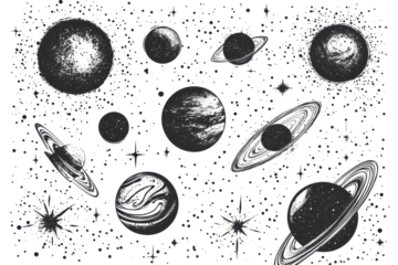 Collection of celestial bodies and cosmic elements featuring planets, stars, and galaxies in a halftone grunge style illustration