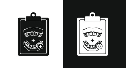 Black and white image of a dental chart with teeth illustrations and a plus sign.