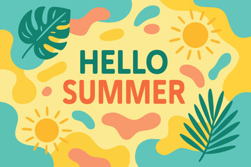 Hello Summer greeting with tropical leaves and sun illustration
