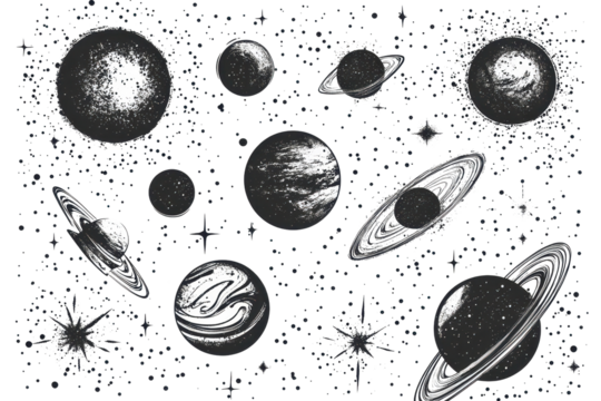 Collection of celestial bodies and cosmic elements featuring planets, stars, and galaxies in a halftone grunge style illustration