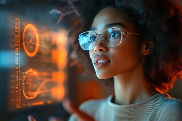 Thoughtful young woman wearing glasses looking at futuristic glowing orange digital interface with charts and data analysis
